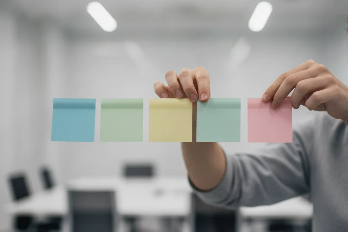 Hände ordnen farbige Haftnotizen in einer Reihe während eines Projektplanungs-Meetings