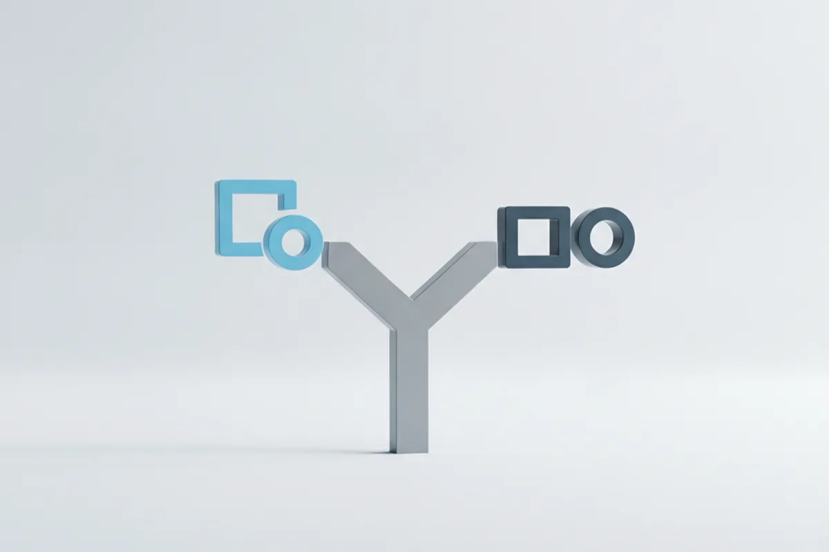 Minimalistische Illustration einer Entscheidungsgabelung, Sinnbild für die Wahl zwischen Cross-Platform- und nativer App-Entwicklung