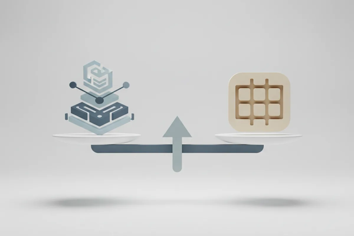 Minimalistische Waage im Gleichgewicht zwischen Individualcode und Standardsoftware-Symbolen