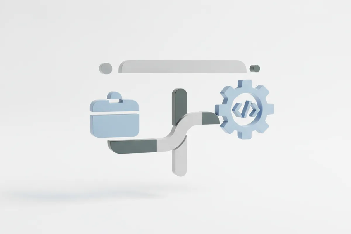 Abstrakte Illustration einer Weggabelung zwischen einem Standard-Software-Symbol und einem Zahnrad-Symbol für individuelle Entwicklung