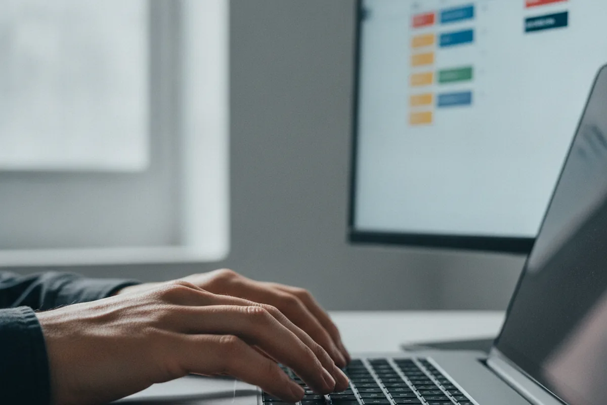 Nahaufnahme einer Entwicklerin bei der Arbeit am Laptop mit einem Kanban-Board für Sprint-Aufgaben im Hintergrund