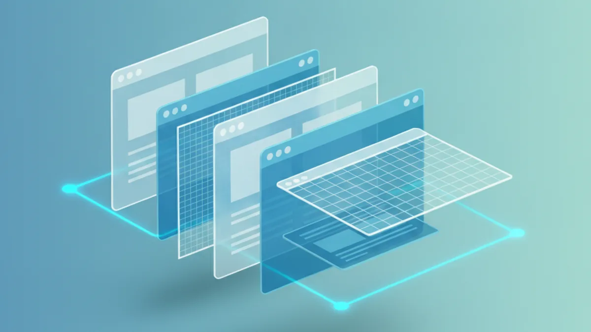 Abstrakte Illustration eines modernen Webentwicklungs-Workflows mit gestapelten Browserfenstern und vernetzten Knoten