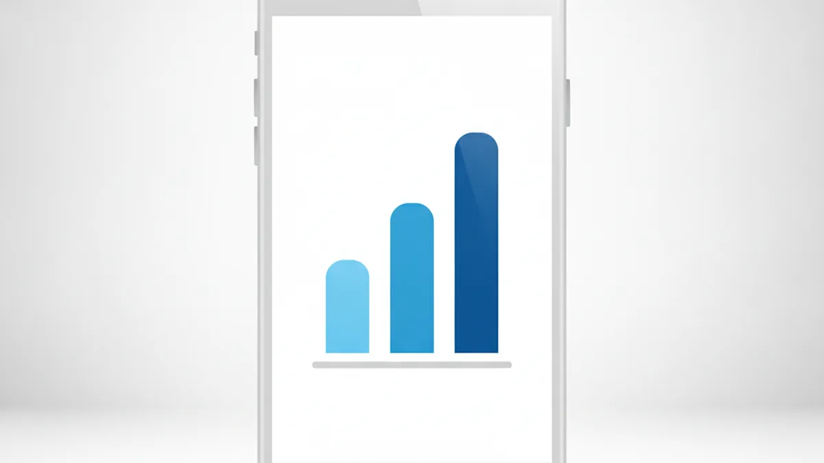 Abstrakte Illustration eines Smartphones mit einem ansteigenden Balkendiagramm auf dem Display, Symbol für App-Vergleichswerte