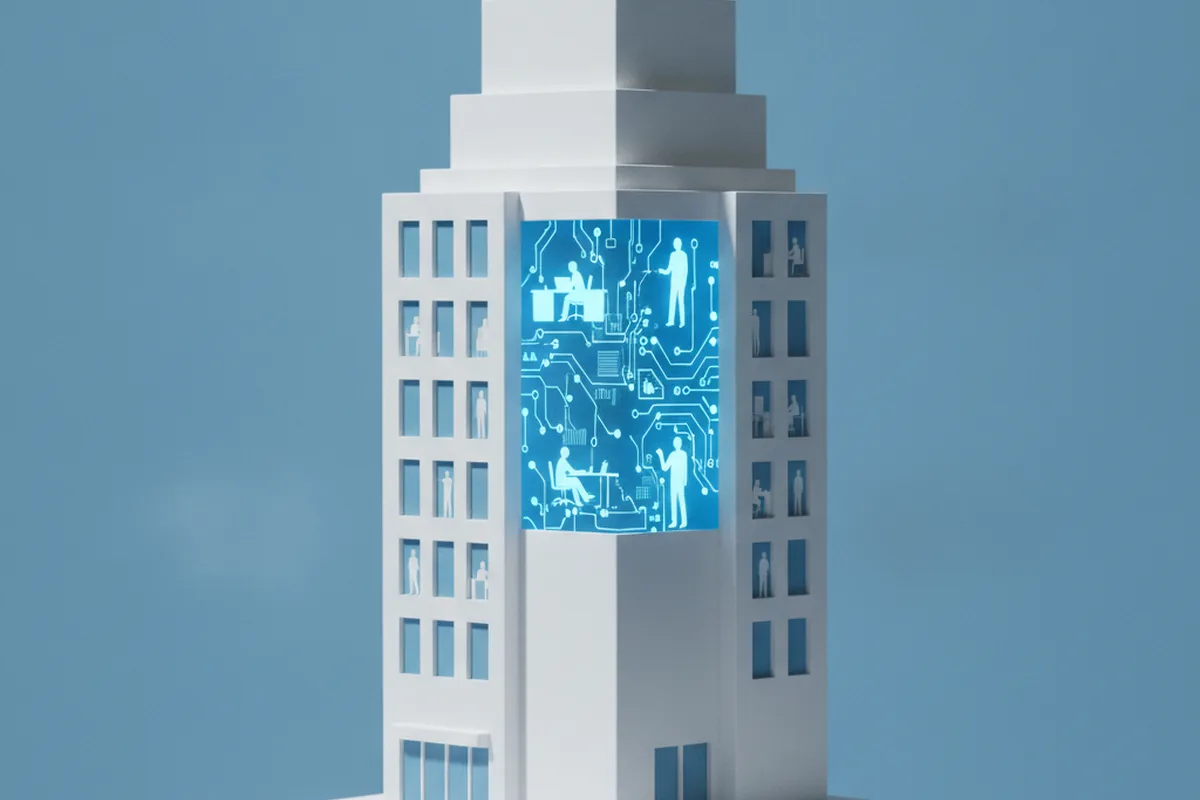 Abstrakte Illustration eines Bürohochhauses mit leuchtenden blauen Schaltkreis-Linien anstelle eines Teils der Belegschaft, Symbol für KI-getriebenen Stellenabbau im Konzern