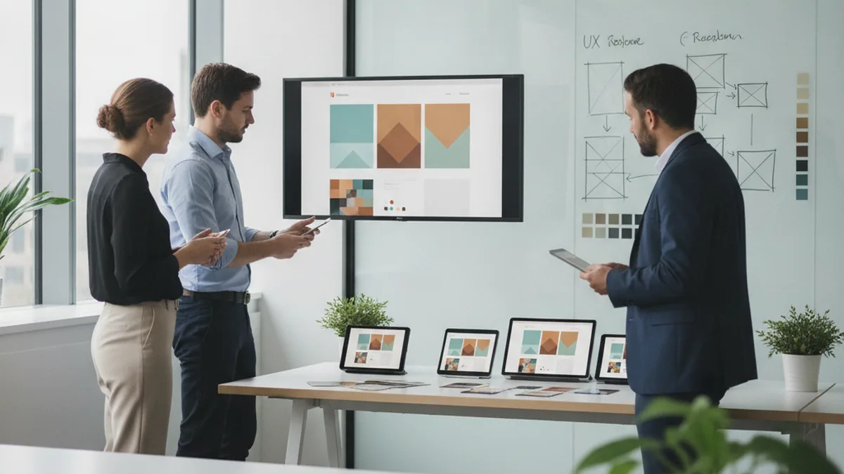 Team bespricht einen Website-Relaunch anhand von UX-Wireframes und Farbmustern auf einem großen Bildschirm im Büro
