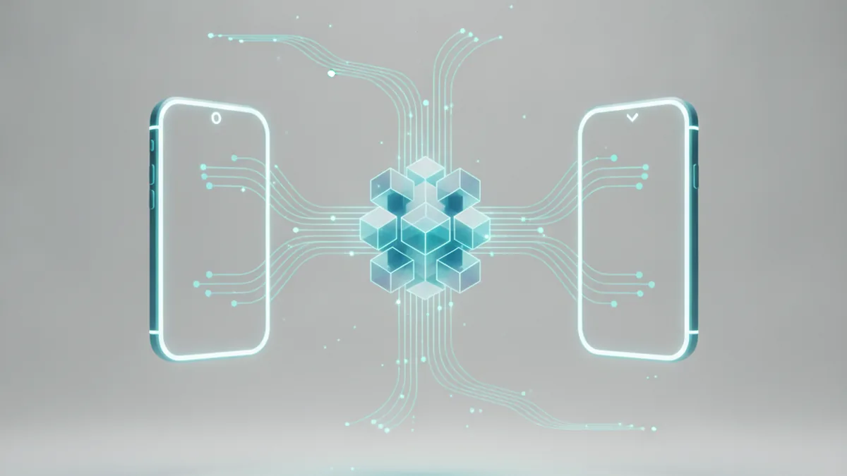 Abstrakte Illustration eines einzelnen Codebase-Symbols, das sich über verbundene Linien in zwei Smartphone-Umrisse für iOS und Android aufteilt, Sinnbild für plattformübergreifende Flutter-Entwicklung