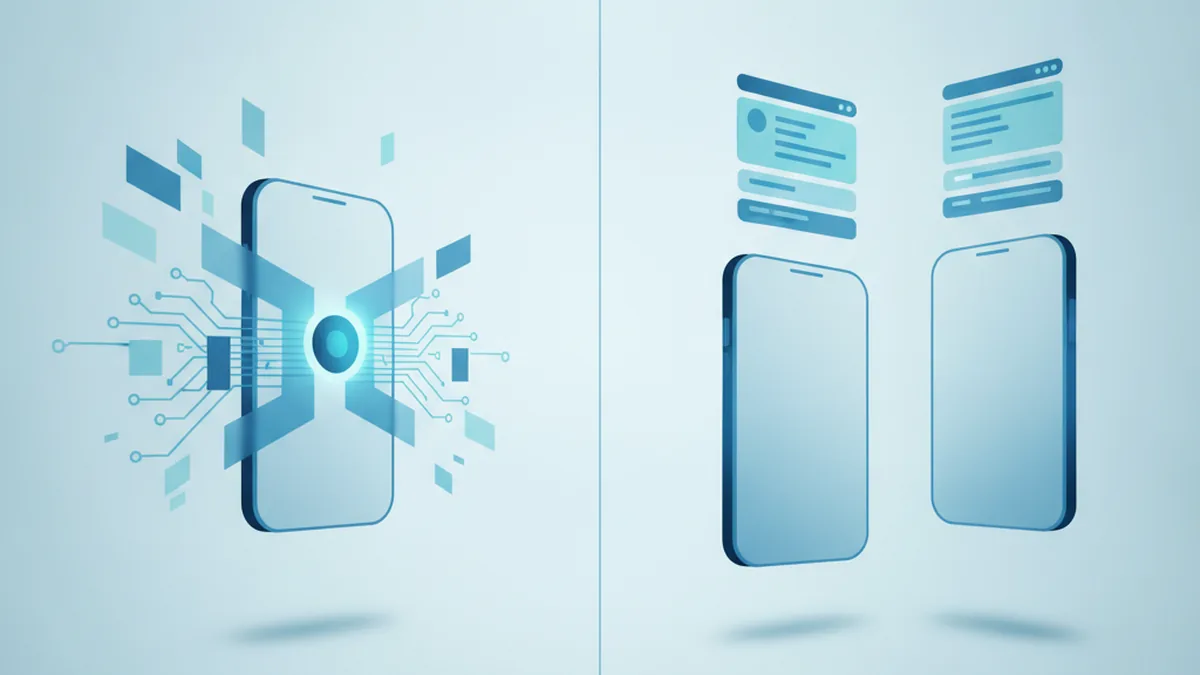 Split-Screen-Illustration: links ein Smartphone mit verschmelzenden Code-Elementen als Sinnbild für Cross-Platform-Entwicklung, rechts zwei getrennte Smartphone-Silhouetten mit eigenen UI-Ebenen als Sinnbild für native Entwicklung