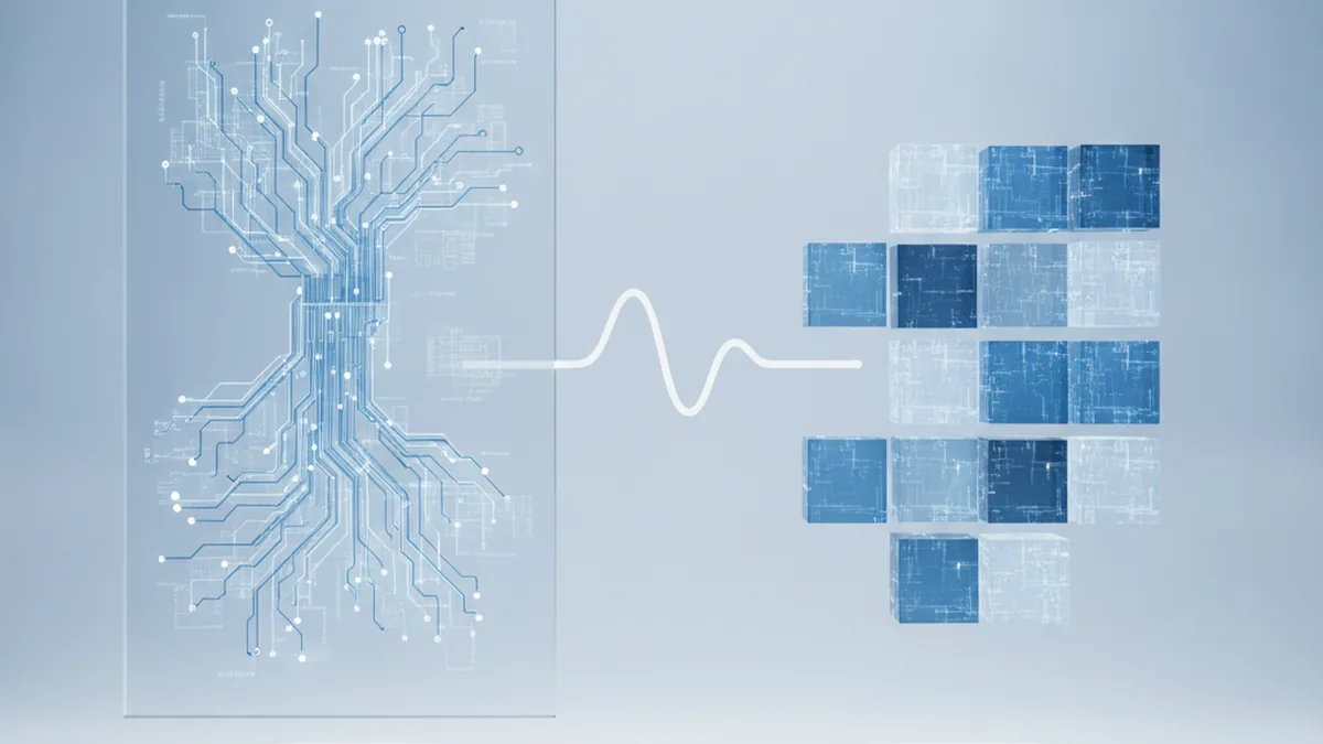 Abstrakte Gegenüberstellung von individuellem Software-Blueprint und modularen Standard-Softwarebausteinen