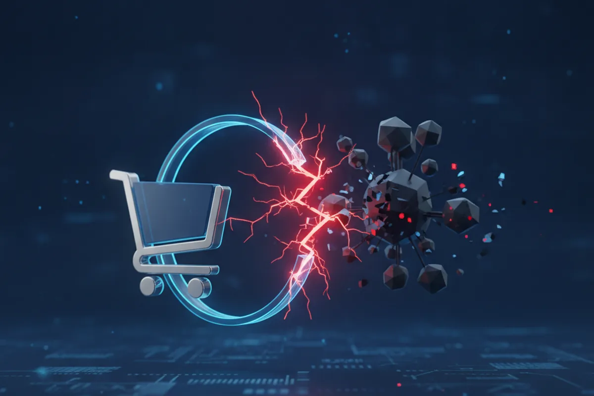 Abstrakte Illustration eines durchtrennten digitalen Verbindungsrings zwischen einem Warenkorb-Symbol und einem Datennetzwerk, Symbol für eine blockierte Commerce-API
