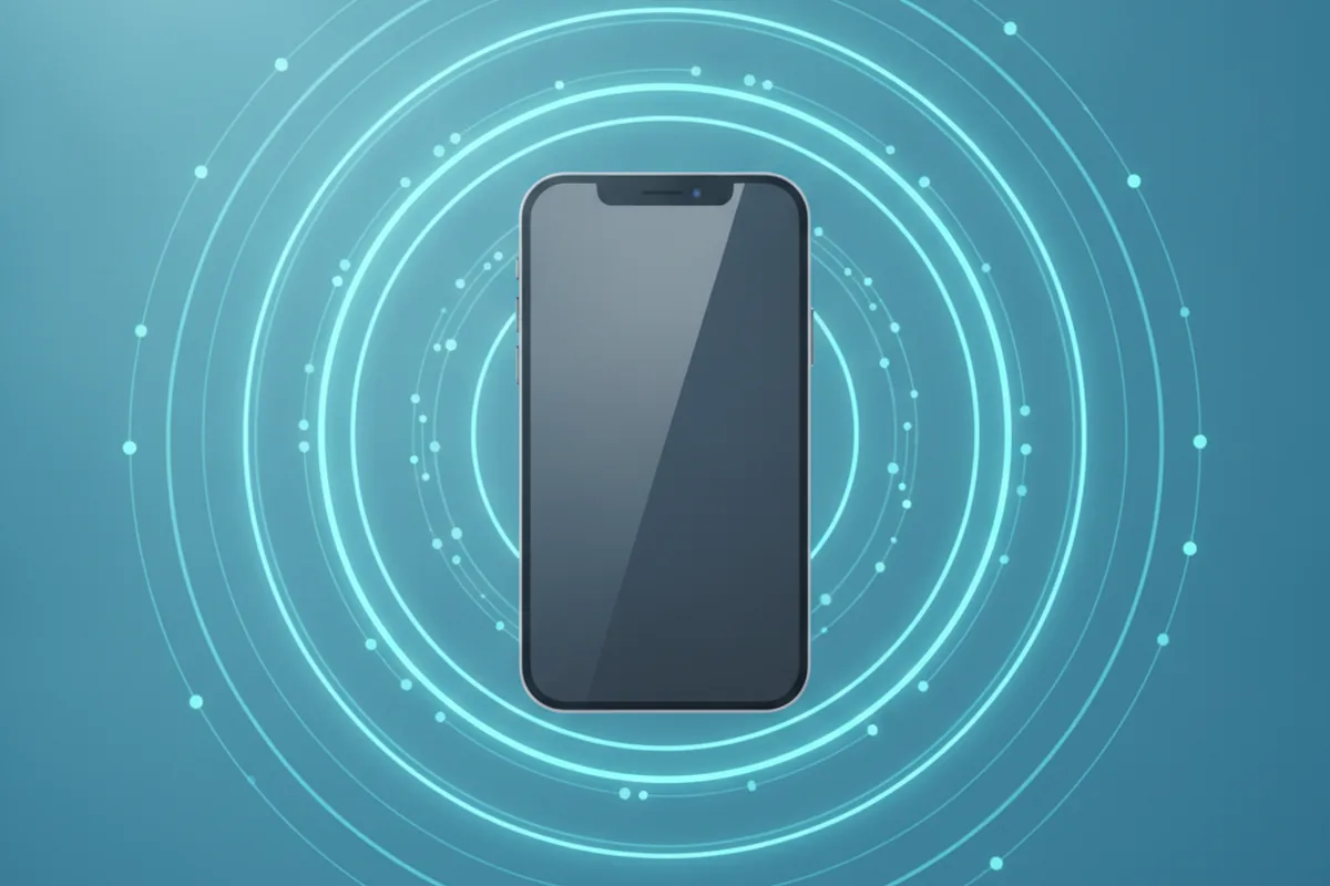 Abstrakte Illustration eines Smartphones umgeben von konzentrischen Signalringen als Sinnbild für mobiles Nutzerwachstum