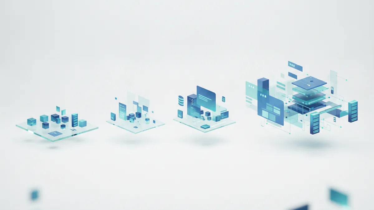 Abstrakte Illustration eines kleinen Prototyp-Blocks, der sich schrittweise zu einer vollständigen digitalen Unternehmensplattform ausbaut