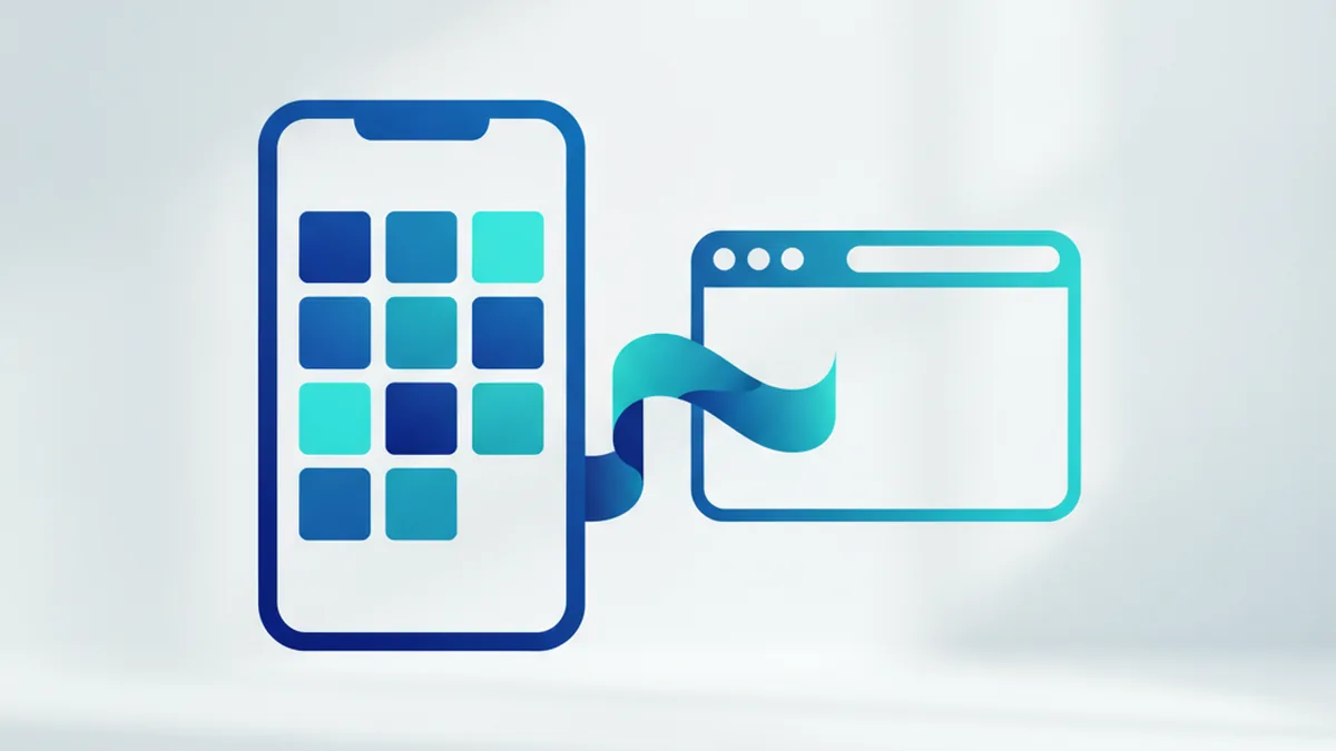Abstrakte Illustration eines Smartphones mit App-Icon-Raster, verbunden durch ein Band mit einem Browser-Fenster-Symbol, Sinnbild für die Wahl zwischen nativer App und Progressive Web App