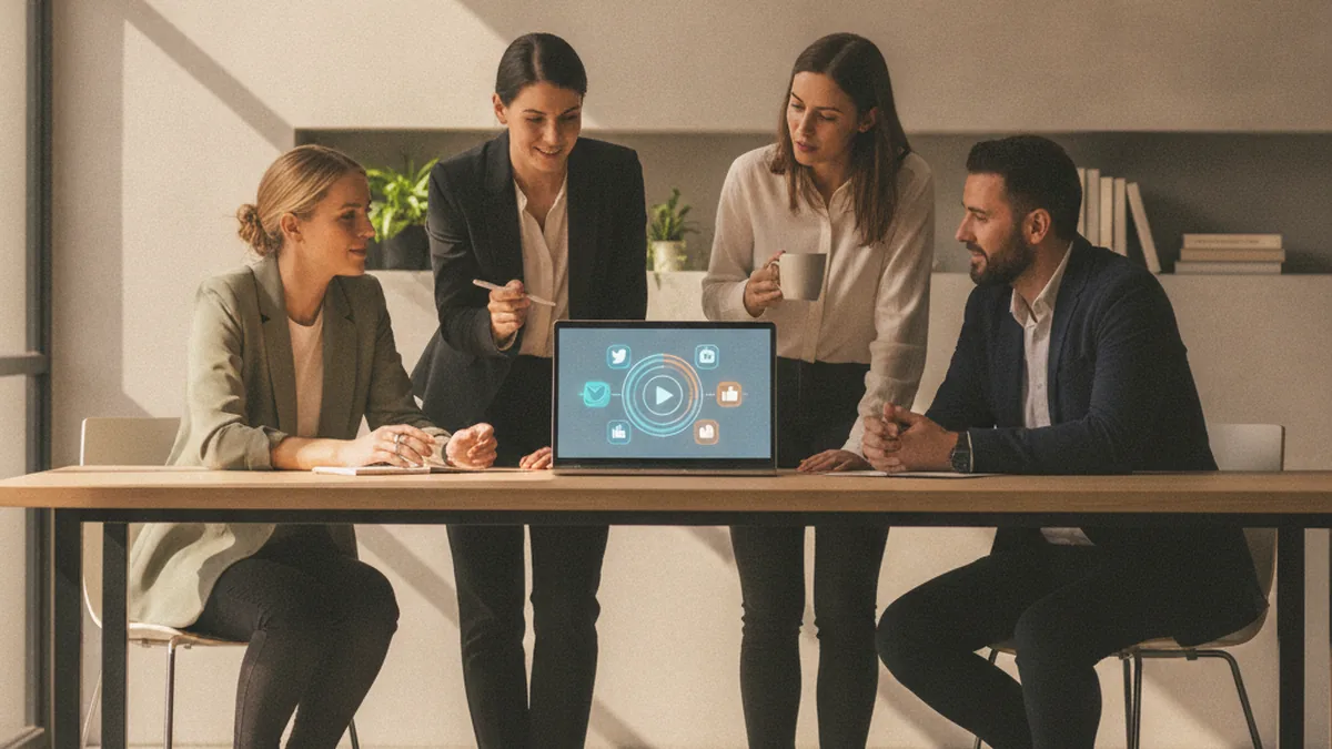 Team in einem mittelständischen Unternehmen bespricht ein Social-CRM-Dashboard mit Social-Media-Symbolen auf einem Laptop