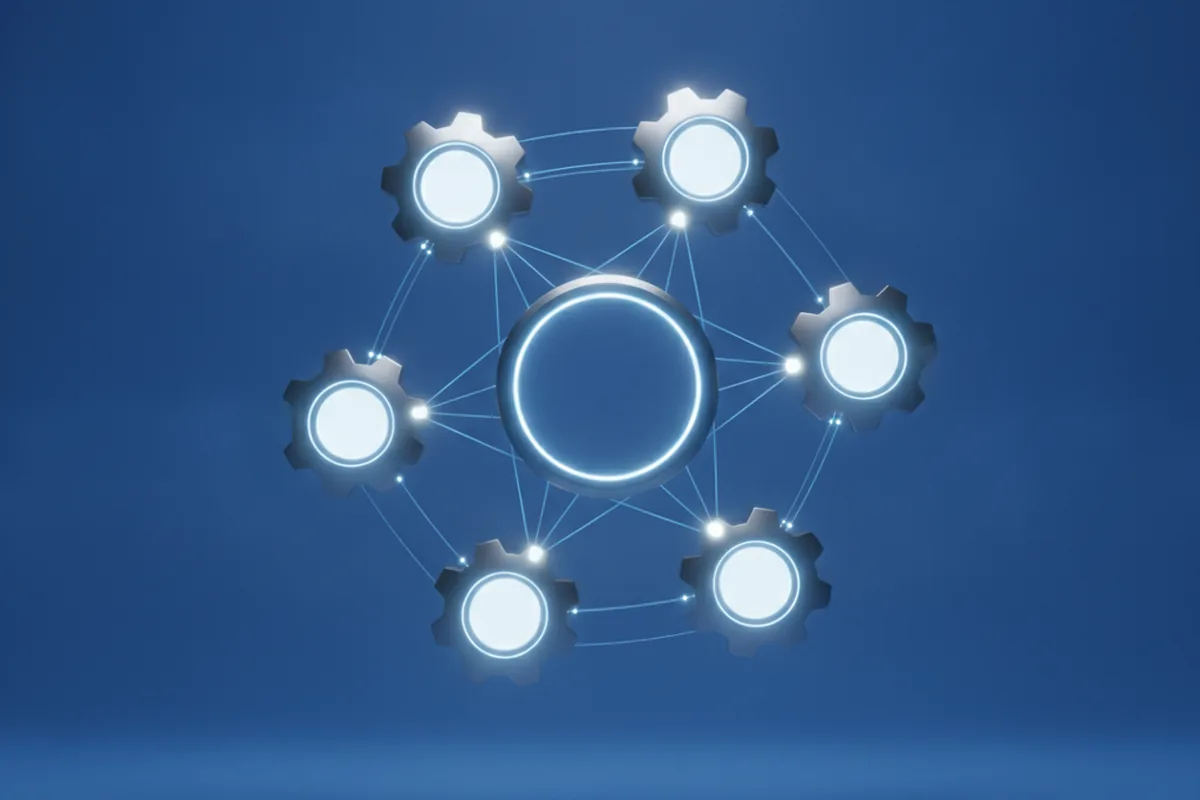 Abstrakte Illustration von sechs vernetzten Zahnrad-Symbolen um einen zentralen Knotenpunkt, Sinnbild für sechs zusammenarbeitende KI-Agenten in einer Marketing-Plattform