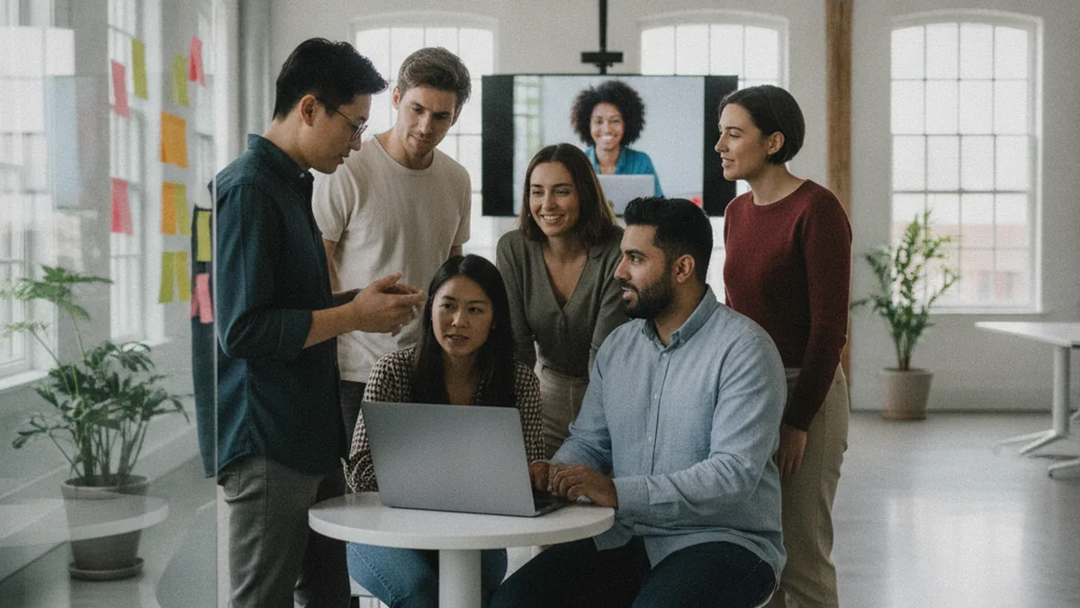 Entwicklerteam bespricht ein Webprojekt am Laptop, ein externes Teammitglied ist per Videocall zugeschaltet